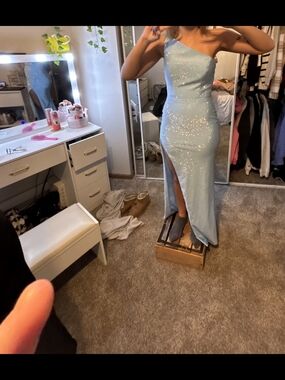 Sherri Hill One-Shoulder Sequin Prom Gown in Light Blue